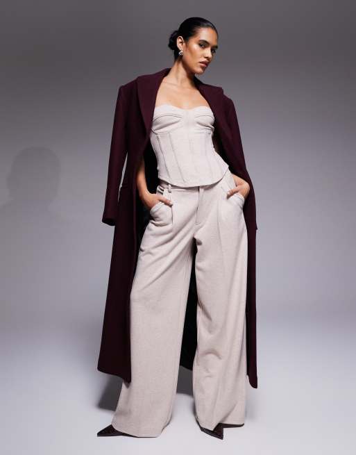 ASOS DESIGN herringbone brushed bandeau corset top & wide leg pants set in cream
