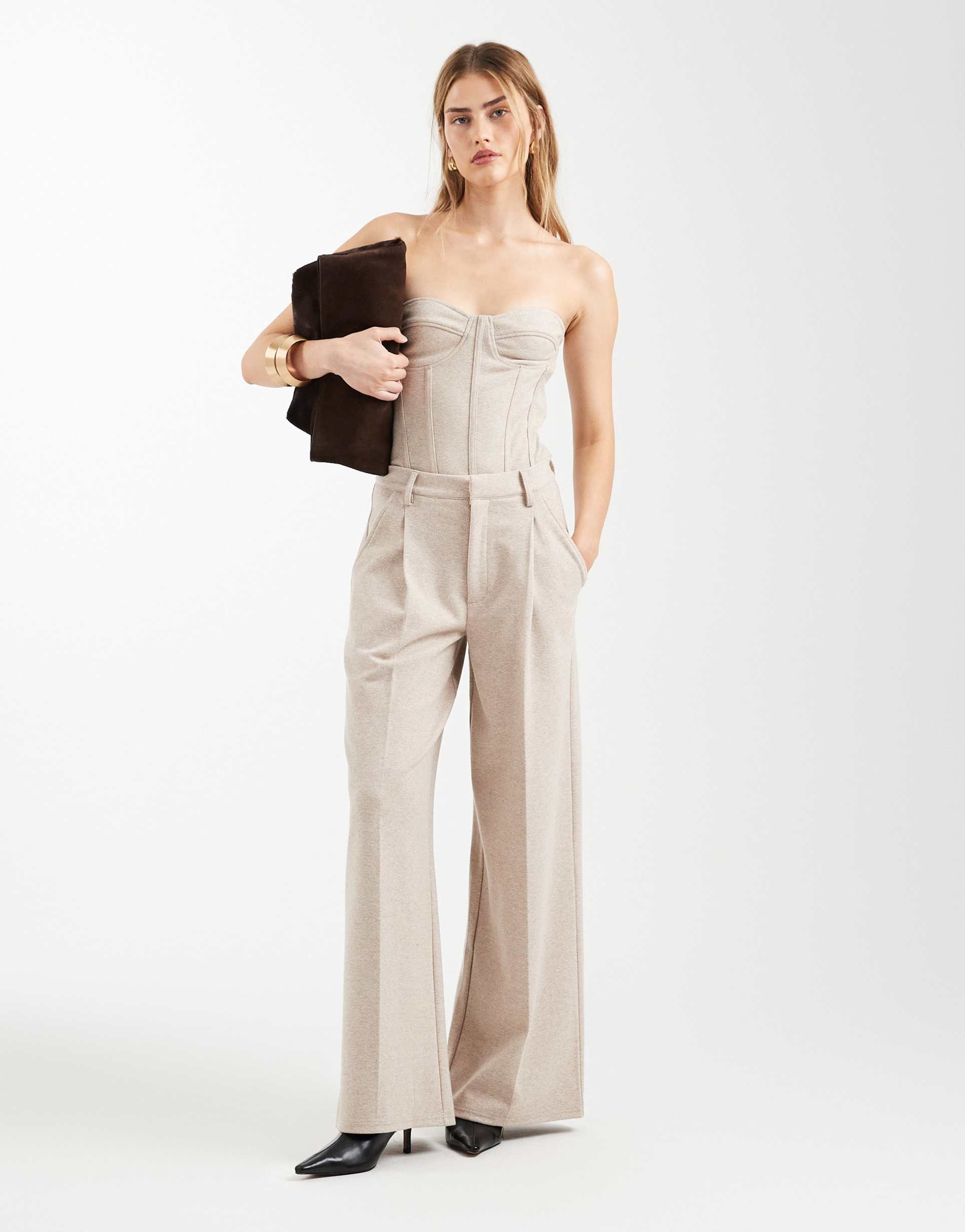 asos design herringbone brushed wide leg pants in cream - part of a set