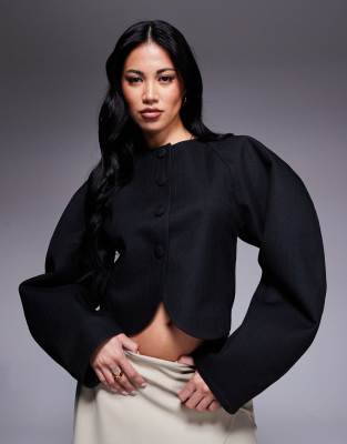 ASOS DESIGN herringbone cocoon sleeve cropped blazer in black - view 1