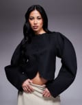 [ASOS DESIGN] ASOS DESIGN herringbone cocoon sleeve cropped blazer in black 12 black