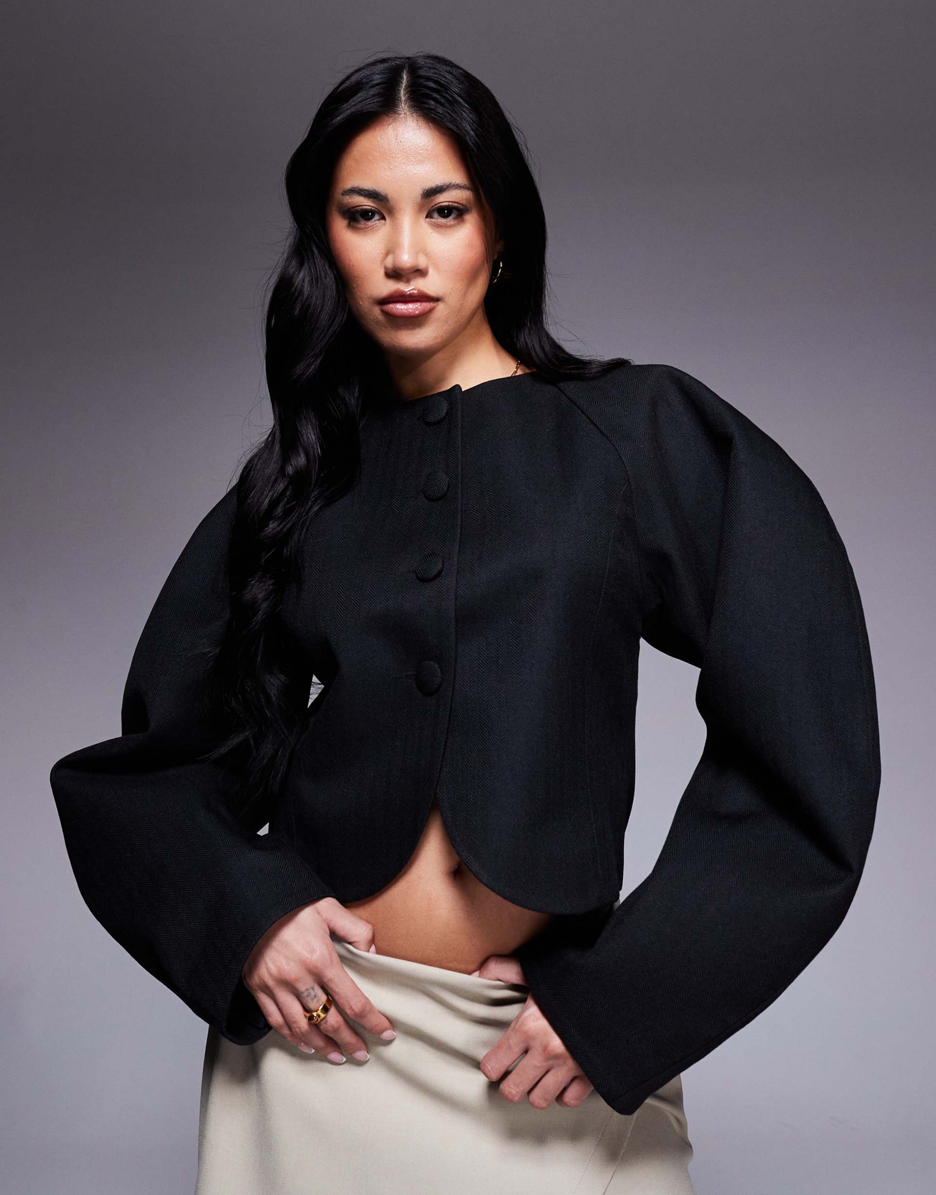 asos design herringbone cocoon sleeve cropped blazer in black