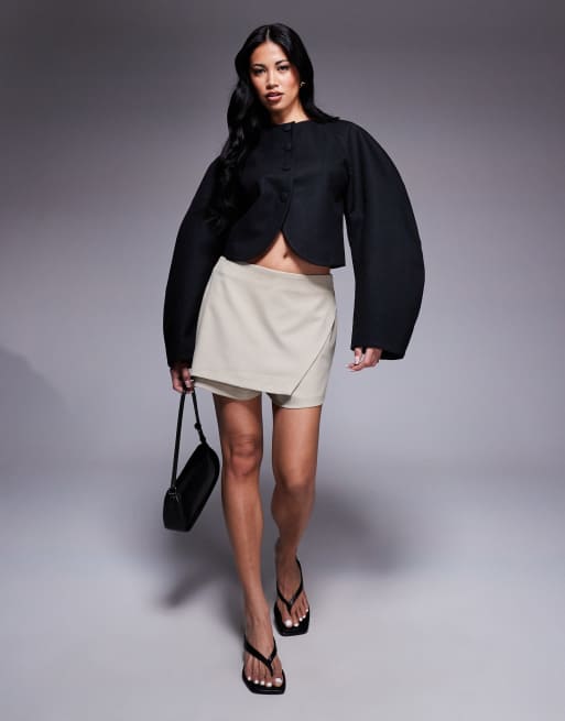 ASOS DESIGN herringbone cocoon sleeve cropped blazer in black