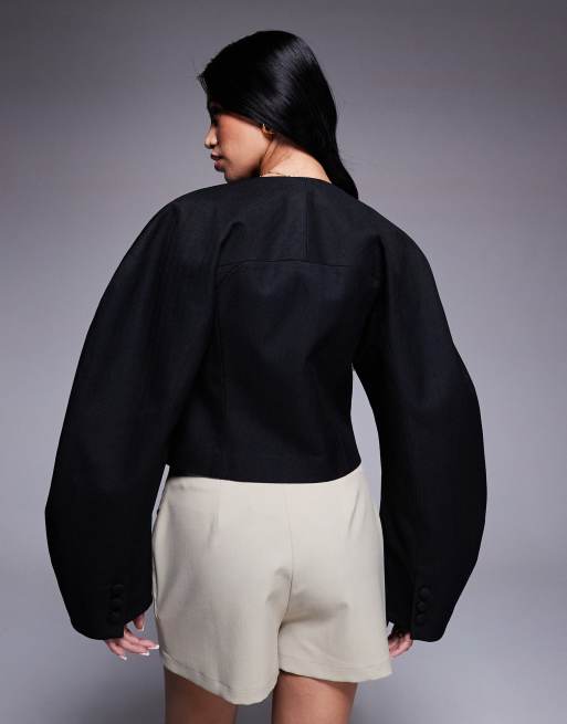 ASOS DESIGN herringbone cocoon sleeve cropped blazer in black, 3 of 4