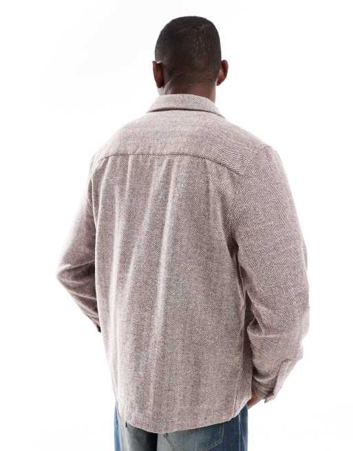 ASOS DESIGN herringbone overshirt with patch pocket in brown, 3 of 4