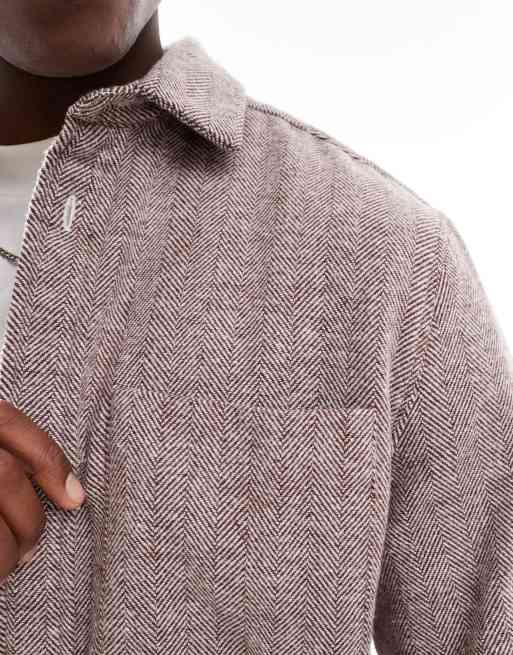 ASOS DESIGN herringbone overshirt with patch pocket in brown, 4 of 4