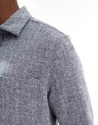 Asos Design Herringbone Overshirt With Patch Pocket In Blue