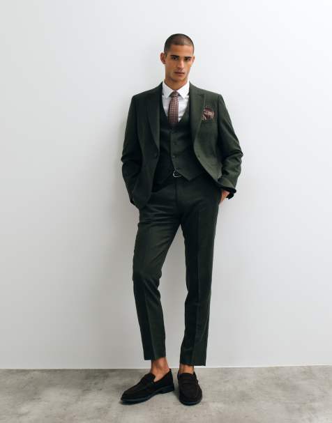 ASOS DESIGN herringbone slim suit with wool in dark green - view 1