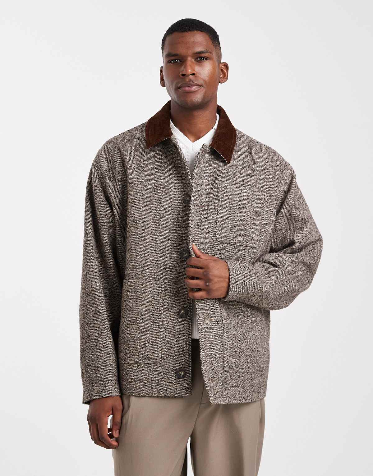 ASOS DESIGN herringbone wool look jacket in brown
