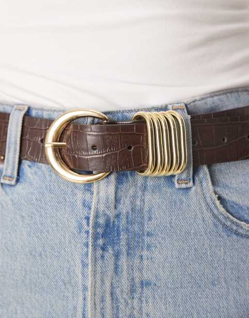 ASOS DESIGN - Heup- en taille krokodillenpatroon riem met meerdere ringen in chocoladebruin, 2 van 3
