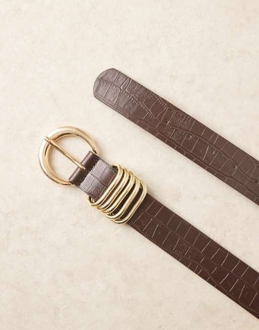 ASOS DESIGN - Heup- en taille krokodillenpatroon riem met meerdere ringen in chocoladebruin, 3 van 3