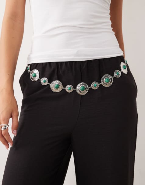 ASOS DESIGN - Heup- en tailleriem met groene steentjes in zilverkleur - view 1