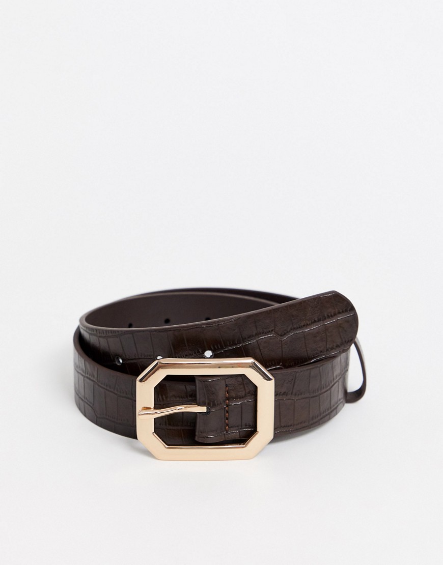 ASOS DESIGN hexagon buckle croc waist and hip jeans belt in chocolate-Brown
