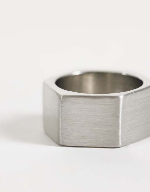 ASOS DESIGN hexagon flat edge ring in brushed silver, 3 of 3