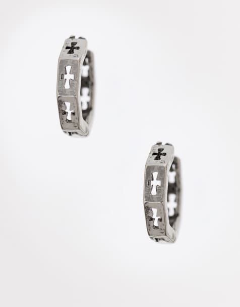 ASOS DESIGN hexagon huggie hoop earrings with cut out cross details in silver - view 1