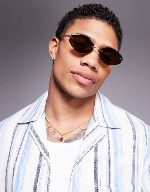 ASOS DESIGN hexagon rimless sunglasses with brown lens and shiny pale gold temples