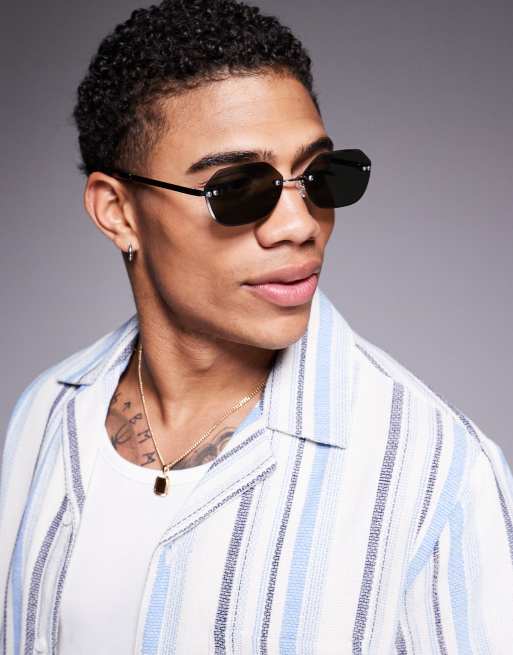ASOS DESIGN hexagon rimless sunglasses with green smoke lens and silver temples