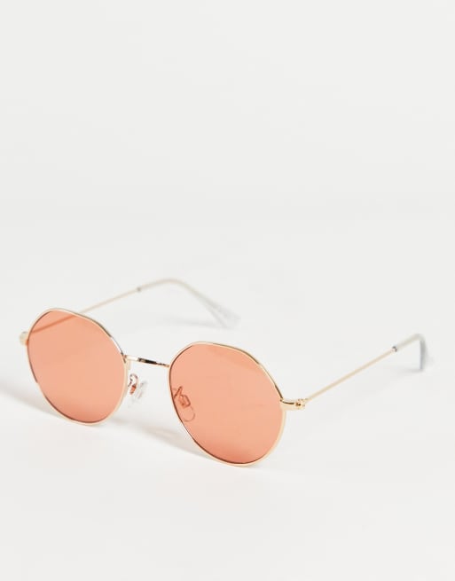 Asos Design Hexagon Round Sunglasses In Coral Lens Asos 