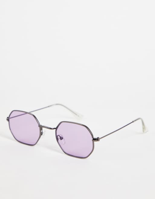 ASOS DESIGN hexagon sunglasses with purple lens in gunmetal