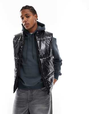 Asos Design Hi-shine Puffer Vest In Black
