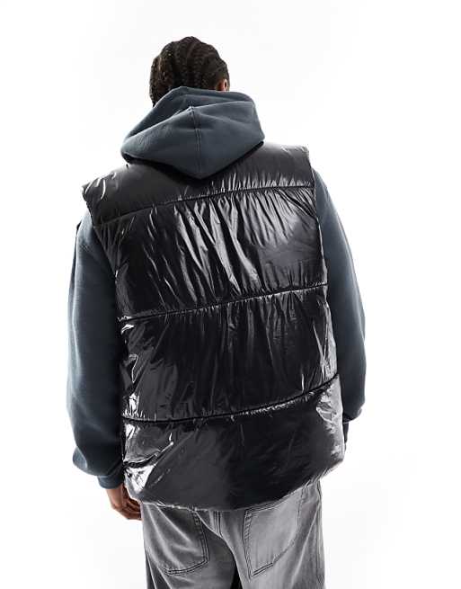 ASOS DESIGN hi-shine puffer vest in black | ASOS ASOS DESIGN hi-shine puffer vest in black | ASOS