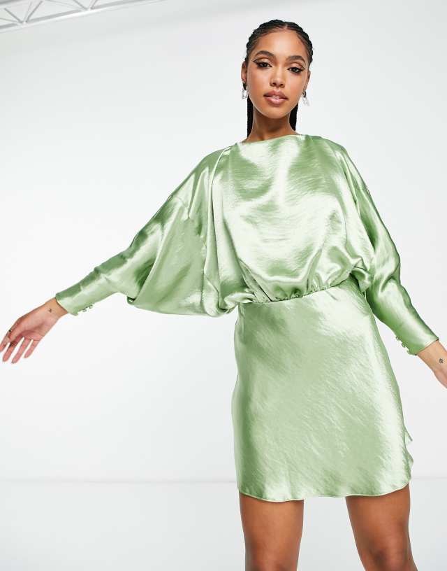 ASOS DESIGN hi-shine satin backless balloon sleeve mini dress in sage