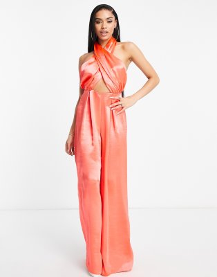 Asos Design Hi-shine Satin Wear Me Any Way Jumpsuit In Coral-orange