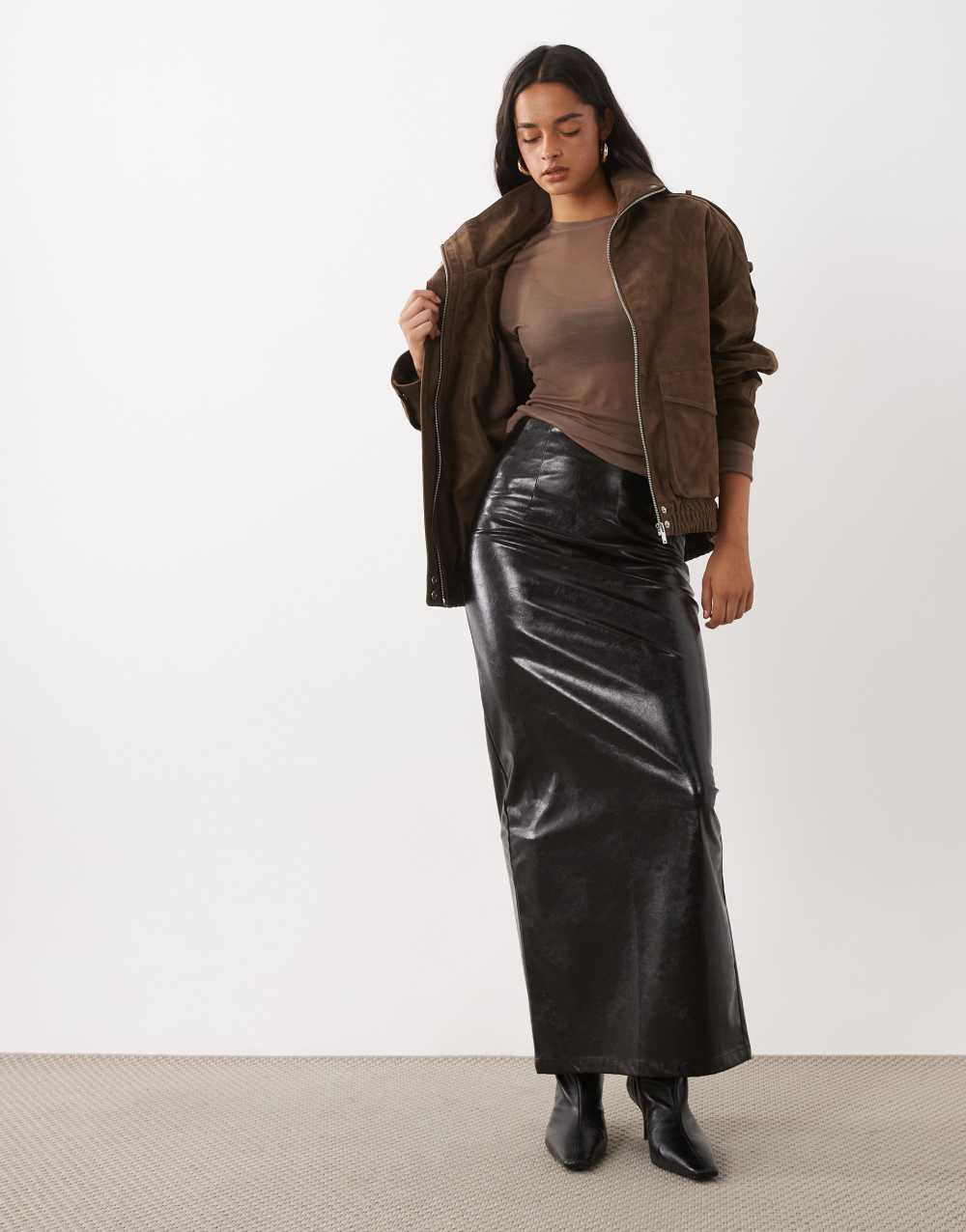 ASOS DESIGN hi shine textured corset seam high waist maxi skirt in black