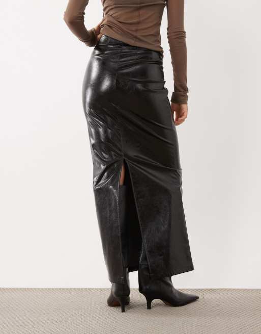 ASOS DESIGN hi shine textured corset seam high waist maxi skirt in black, 4 of 5