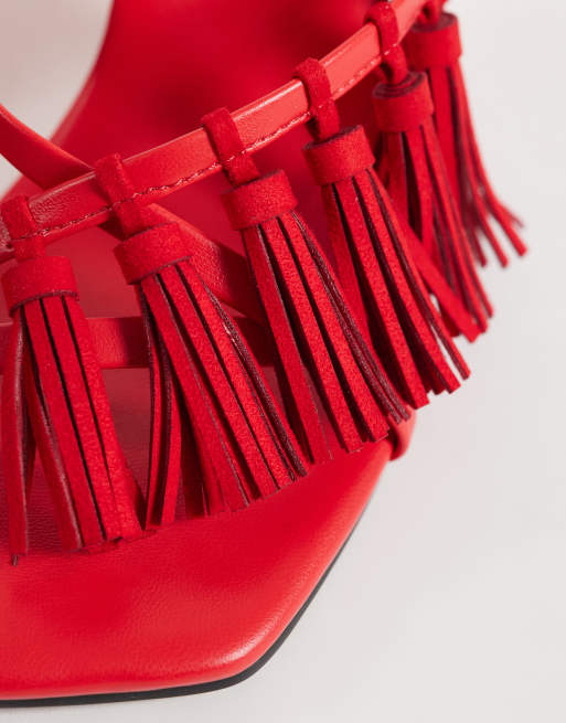 ASOS DESIGN Hibernate tassel mid heeled mules in red, 3 of 4