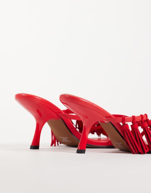 ASOS DESIGN Hibernate tassel mid heeled mules in red, 4 of 4
