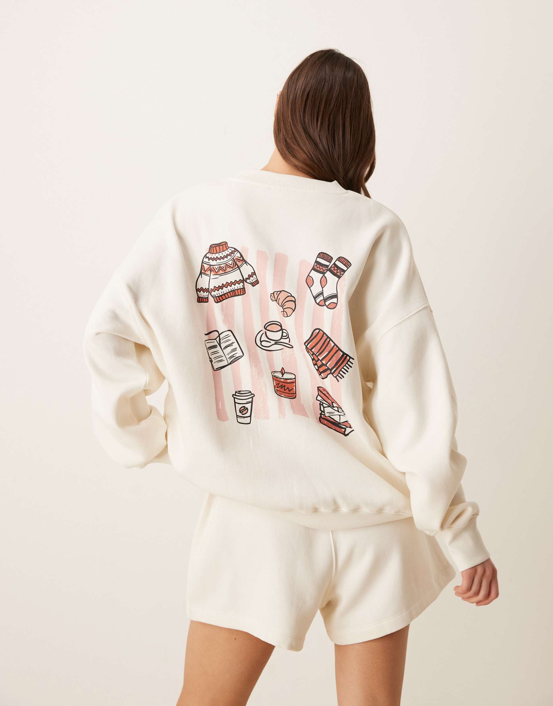 asos design hibernation mode graphic print pajama sweatshirt and shorts set in cream