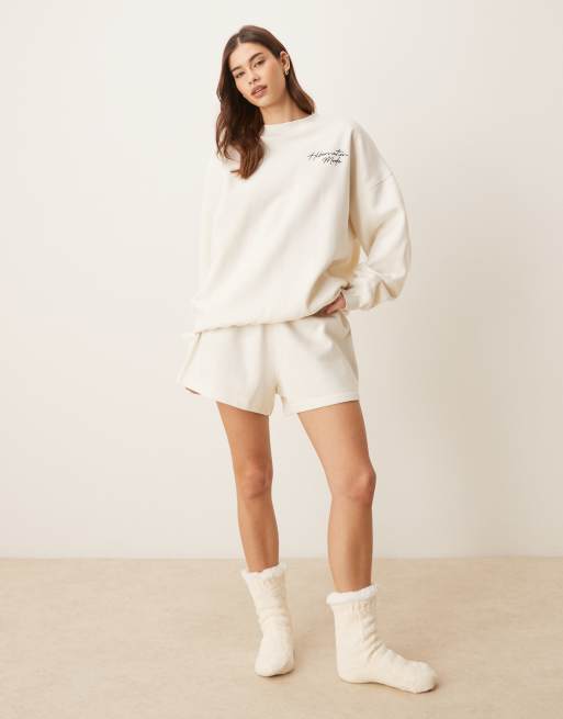 ASOS DESIGN Hibernation Mode graphic print pajama sweatshirt and shorts set in cream, 2 of 4
