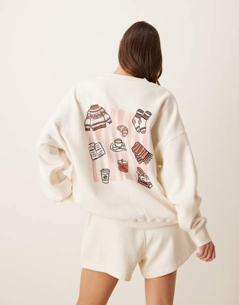 ASOS DESIGN Hibernation mode graphic print pyjama sweatshirt and short set in cream - view 1