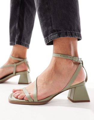Asos Design Hibiscus Asymmetric Mid Block Heeled Sandals In Sage Green
