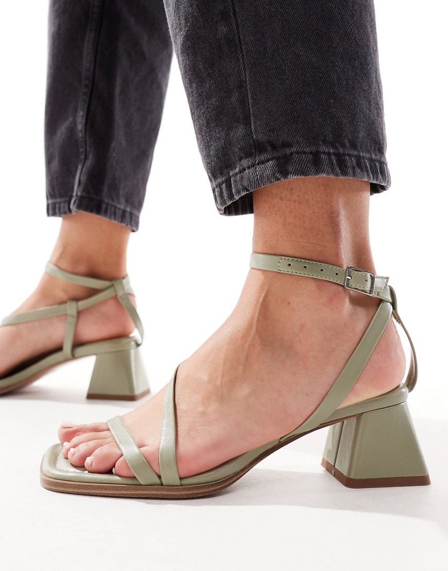 ASOS DESIGN Hibiscus asymmetric mid block heeled sandals in sage green