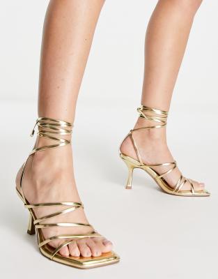 Asos Design Hiccup Strappy Tie Leg Mid Heeled Sandals In Gold