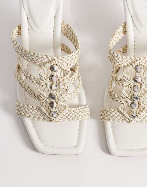 ASOS DESIGN Hide beaded weave detail mid heeled mules in natural, 2 of 4
