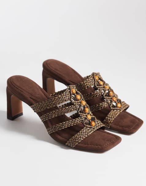 ASOS DESIGN – Hide – Chokladbruna mules med halvhög klack, vävda detaljer och pärlor - view 1