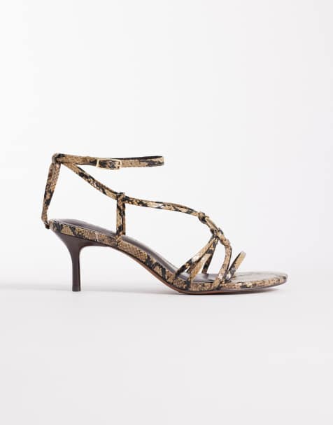 ASOS DESIGN Hideaway ring detail strappy kitten heeled sandals in tan snake - view 1