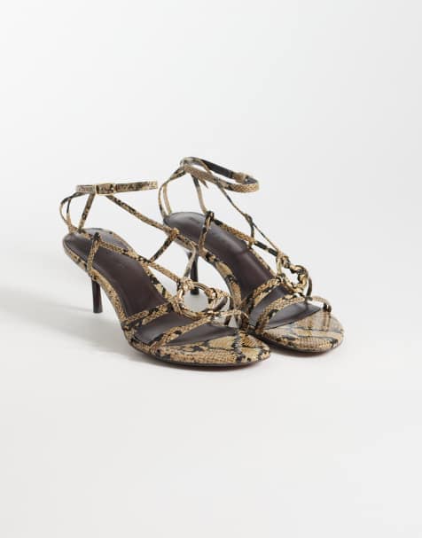 ASOS DESIGN - Hideaway - Sandalen met bandjes, kitten hakken en ringdetail in lichtbruine slangenprint - view 1