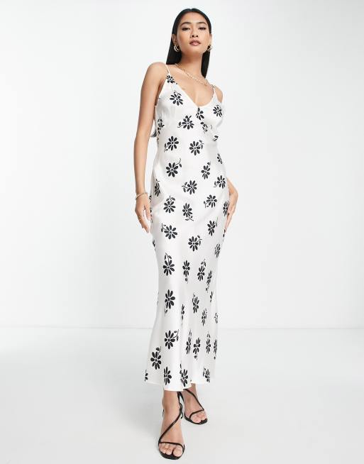 ASOS DESIGN high apex maxi slip dress in hammered satin in white base black  floral print