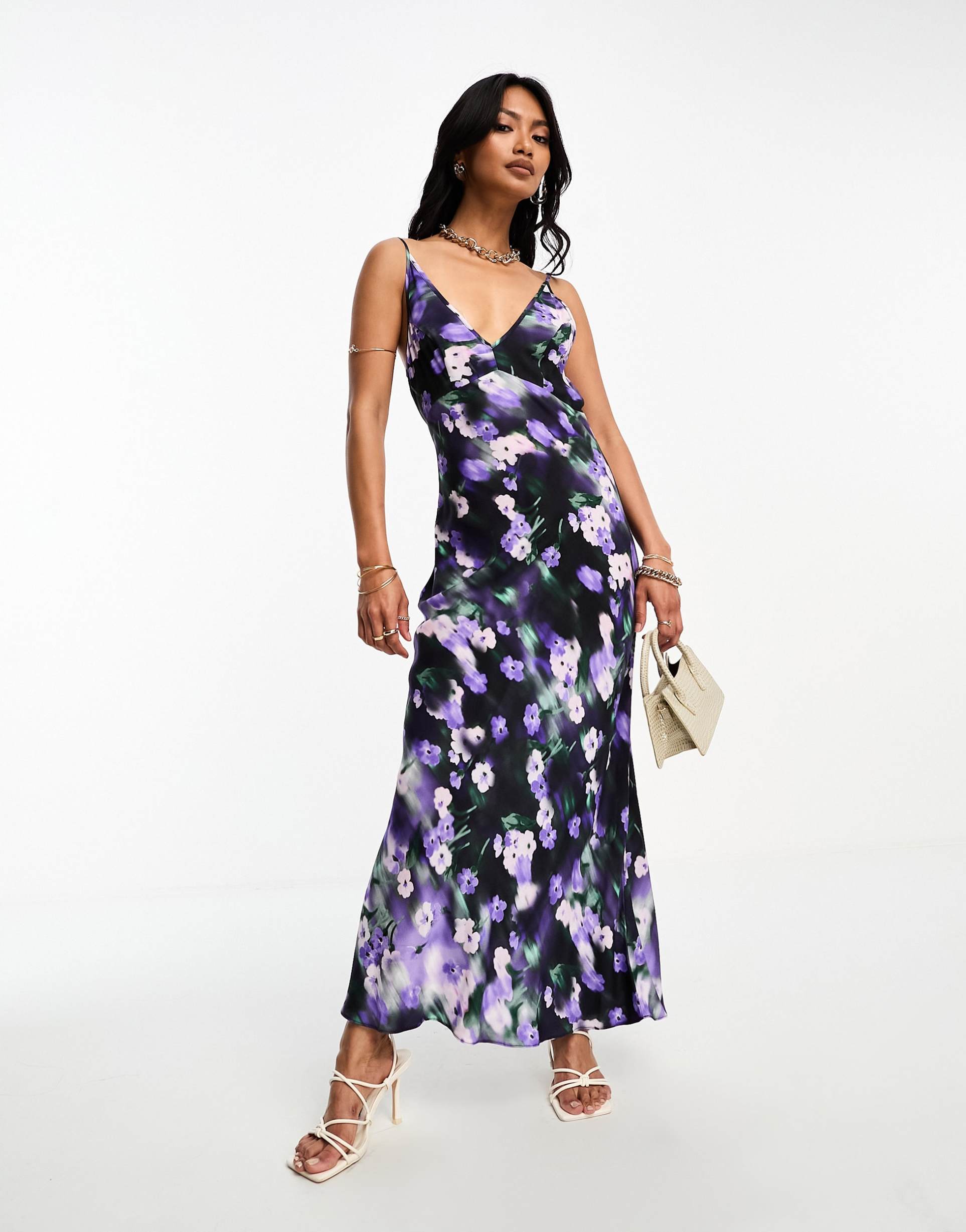 asos design high apex maxi slip dress in spun in blurred floral print