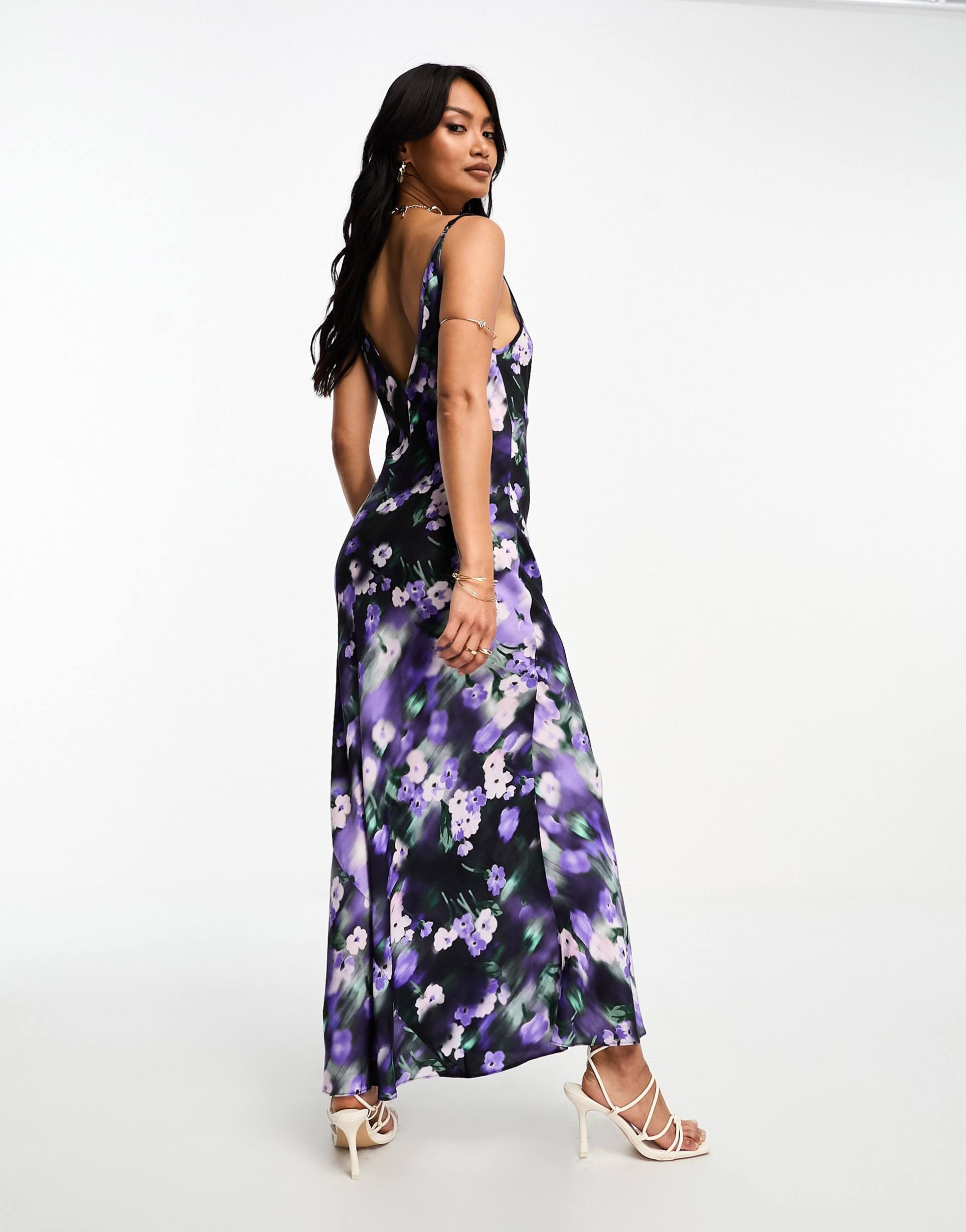 asos design high apex maxi slip dress in spun in blurred floral print