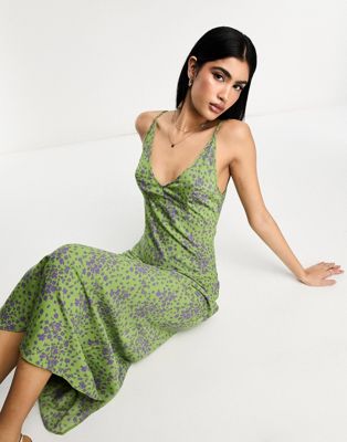 ASOS DESIGN high apex maxi slip dress in spun in green and lilac ditsy print