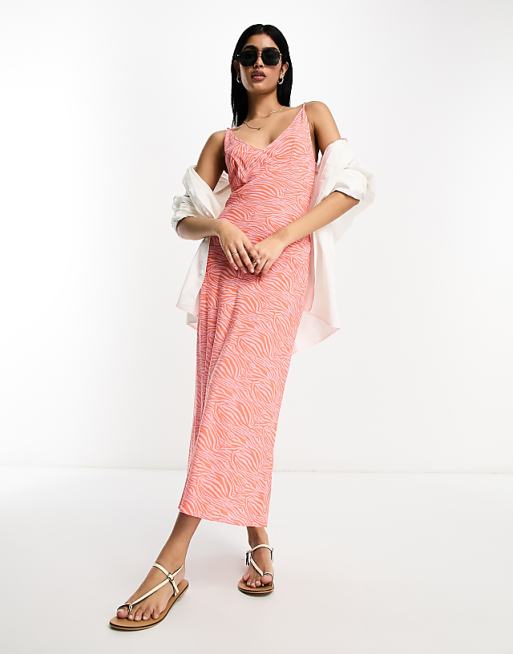 ASOS DESIGN high apex maxi slip dress in spun in pink and red zebra