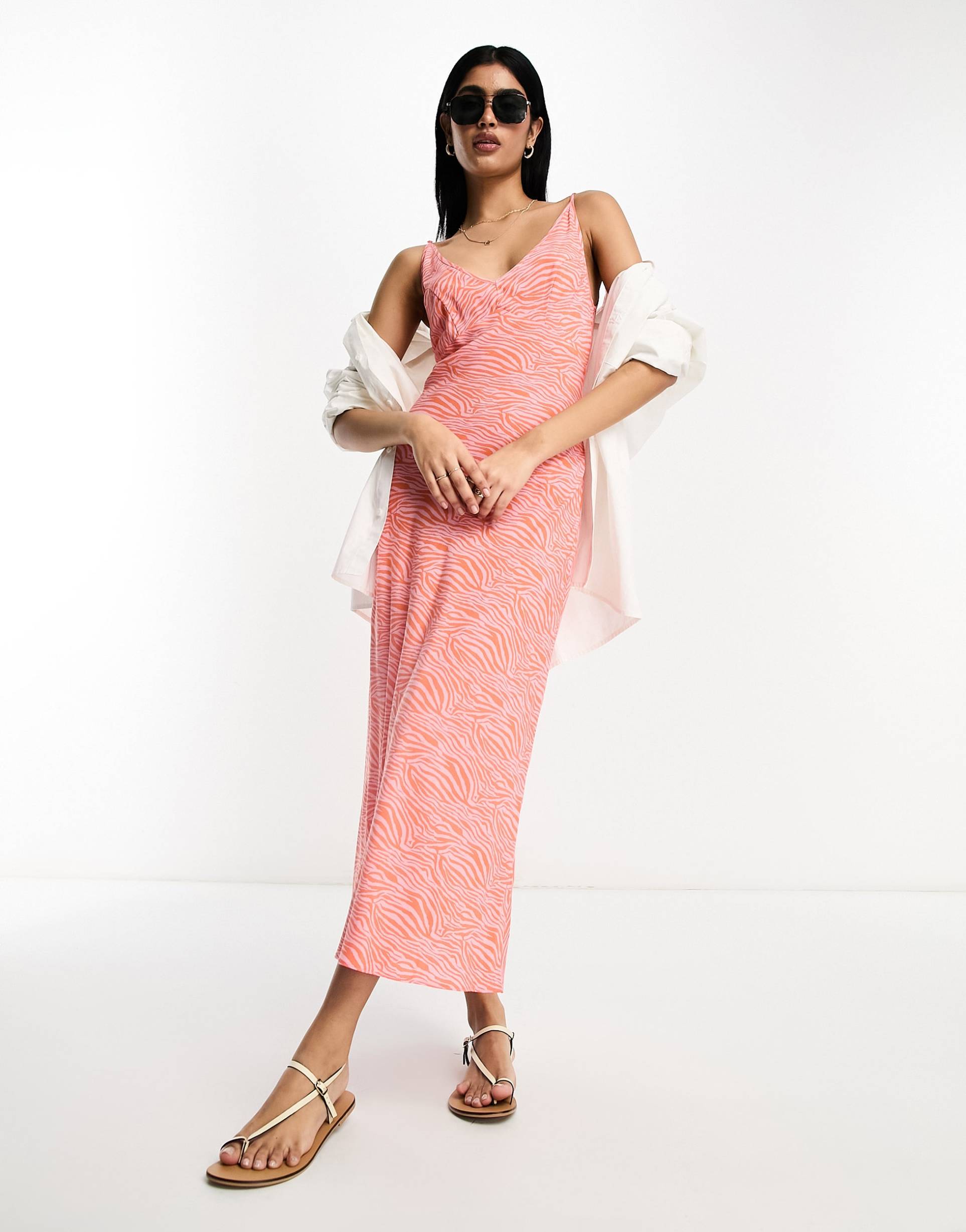 asos design high apex maxi slip dress in spun in pink and red zebra print