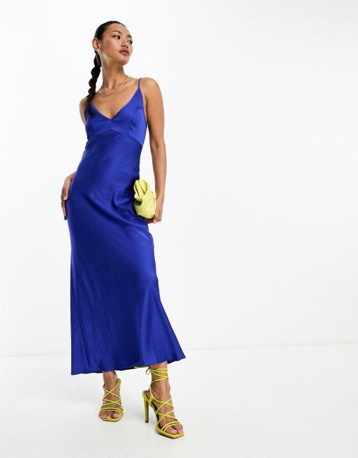 ASOS DESIGN high apex midi slip dress in hammered satin in cobalt