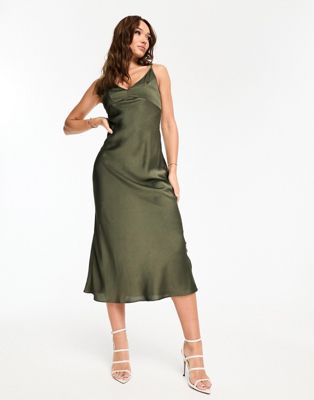 Asos Design High Apex Midi Slip Dress In Hammered Satin In Dark Olive-green