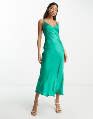 Asos Design High Apex Midi Slip Dress In Hammered Satin In Green In Green