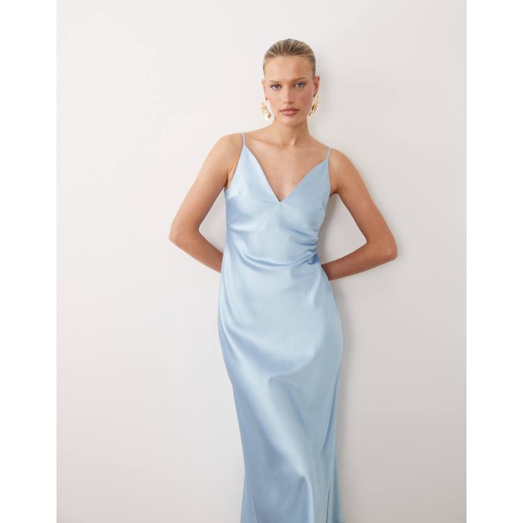 light blue satin cocktail dress Light Blue Silk Slip Maxi Dress With Cowl Neck